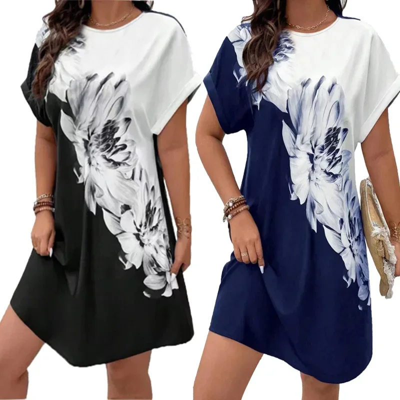 Summer Women's T-shirt Dress Floral Print Mini Dresses Fashion New Ink Painting Round Neck 3D Casual Ladies Comfortable Clothing