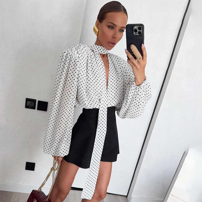 

Linad Sexy Polka Dot Scarf Collar Blouse Woman Summer Street Chic Lantern Sleeve Tops Autumn Casual Cotton Linen Top Female 2025