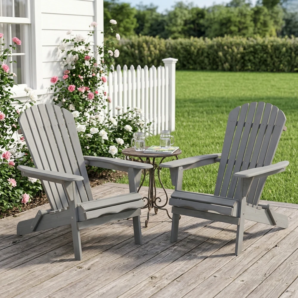 

Outdoor Folding Adirondack Chair Set 2 with Pre-Assembled Backrest for Backyard Firepit
