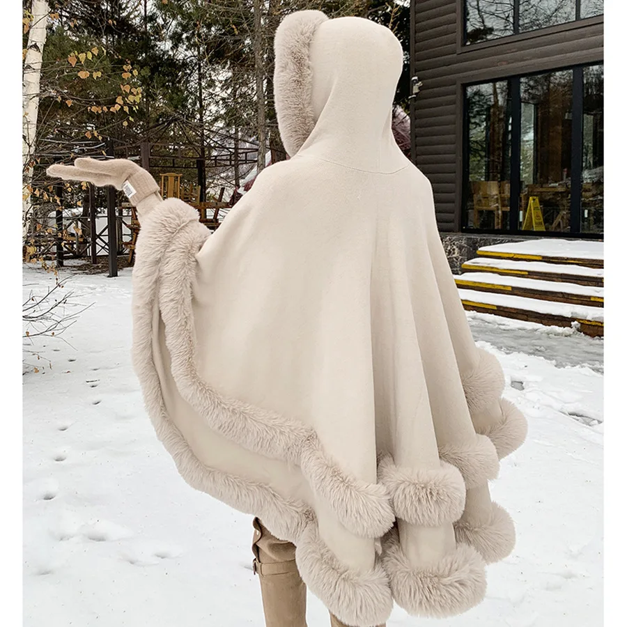 Autumn Winter Loose Fur Collar Shawl Thickened Faux Rabbit Fur Coat Large Cloak Warm Casual Style Knitted Sweater