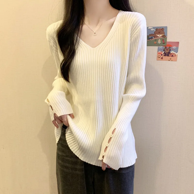 

Свободная трикотажная футболка с v-образным вырезом, женская осенне-зимняя утягивающая простая футболка с длинным светом, пуловер, топ больших размеров