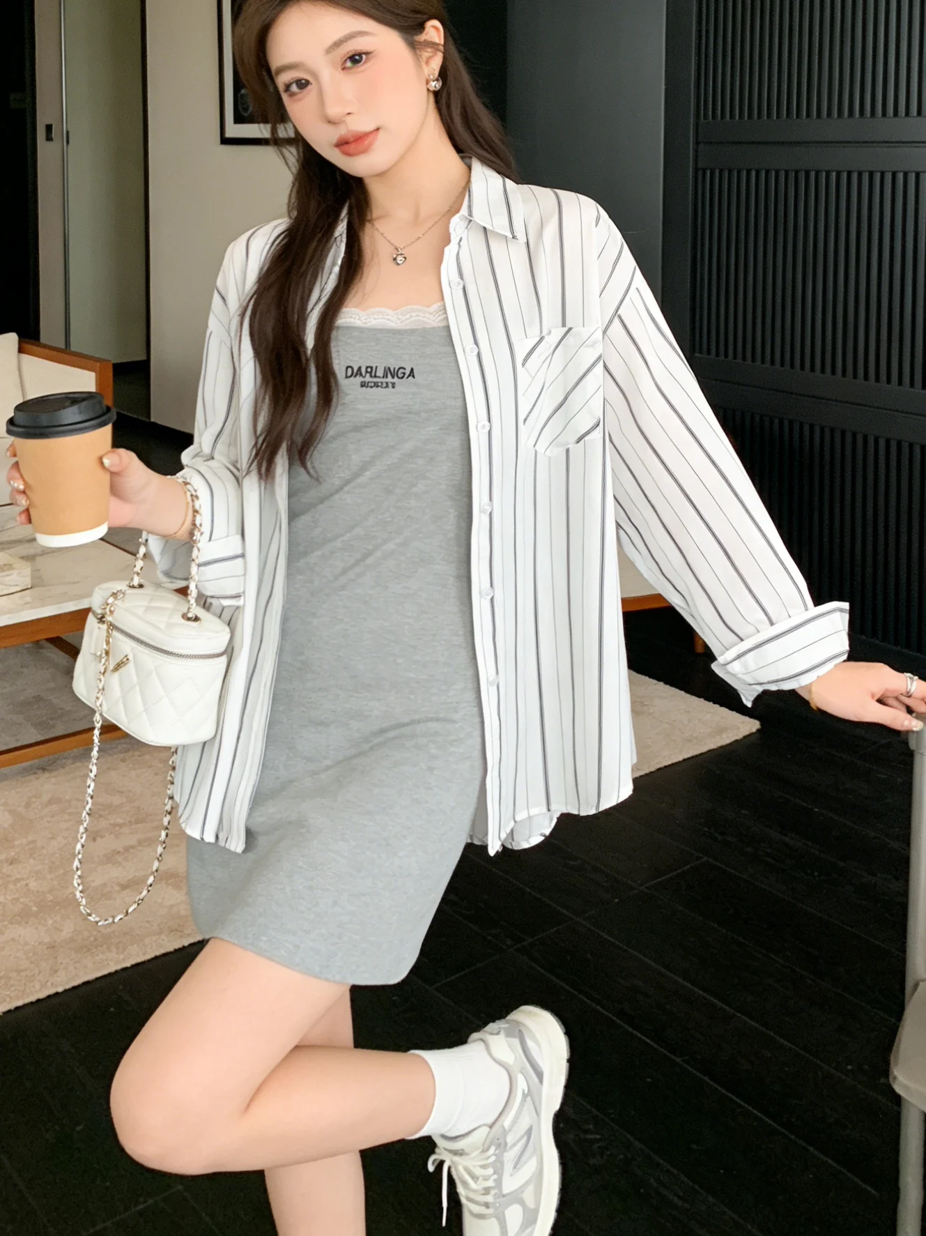 

Korean Sle Striped irt And Strap Dr Two-Piece Set Women's Loose Feel Sun Protection Suit Spring Faion Casual Wear