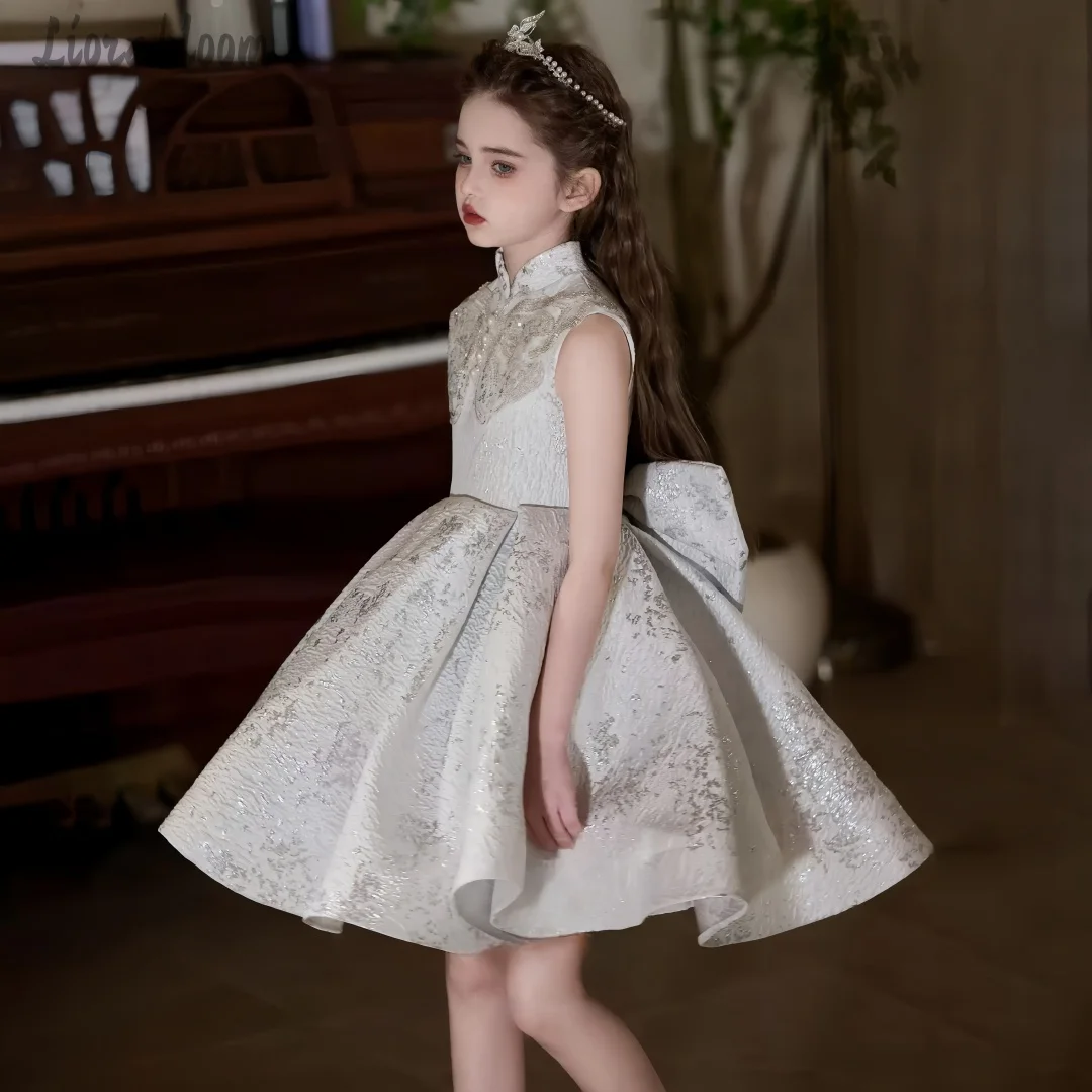 Abito da damigella a trapezio floreale ricamato con collo semi-alto per bambina, vestito da cerimonia per matrimonio