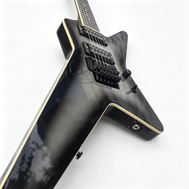 Black Grey Gradient Unique Shape Electric Guitar, Dual Humbucker Pickups, Double Locking Tremolo Bridge, Solid Wood Body, Angular Design, for Heavy Metal Rock Practice, Stage Performance, Holiday Gift