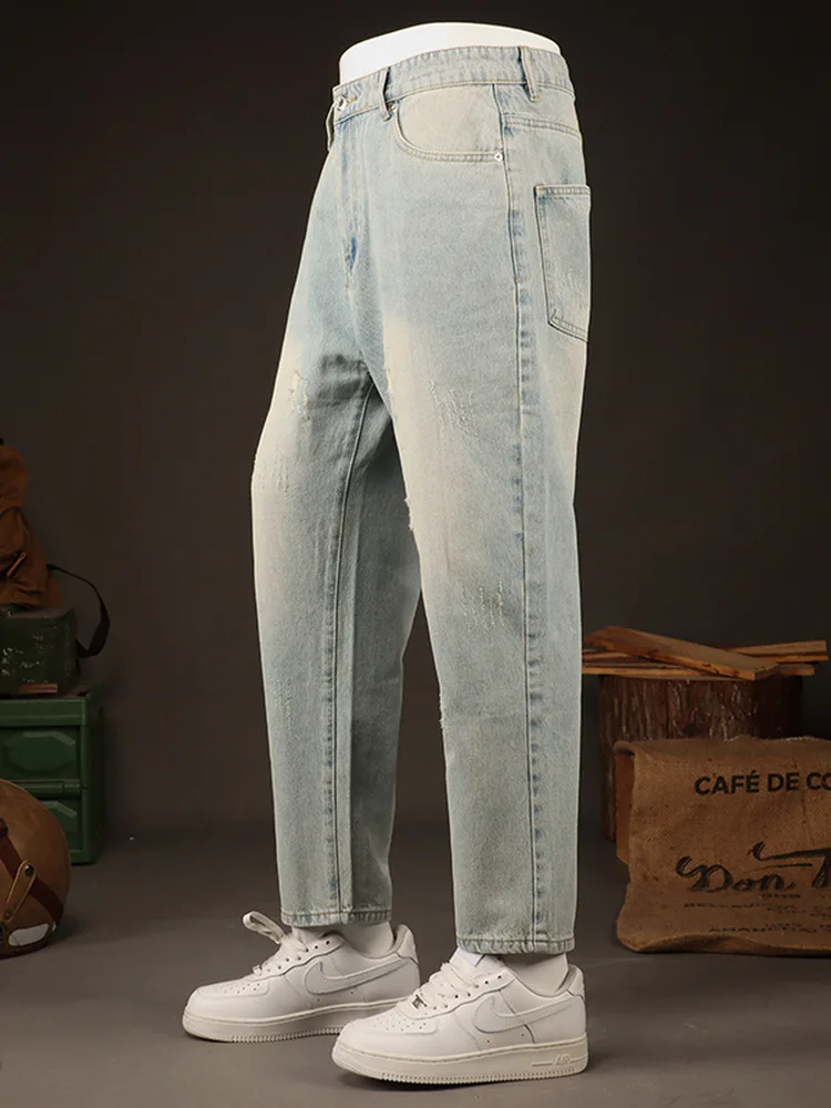 

Summer thin trendy brand American retro loose straight leg ripped jeans men's youth plus size fashionable cropped pants