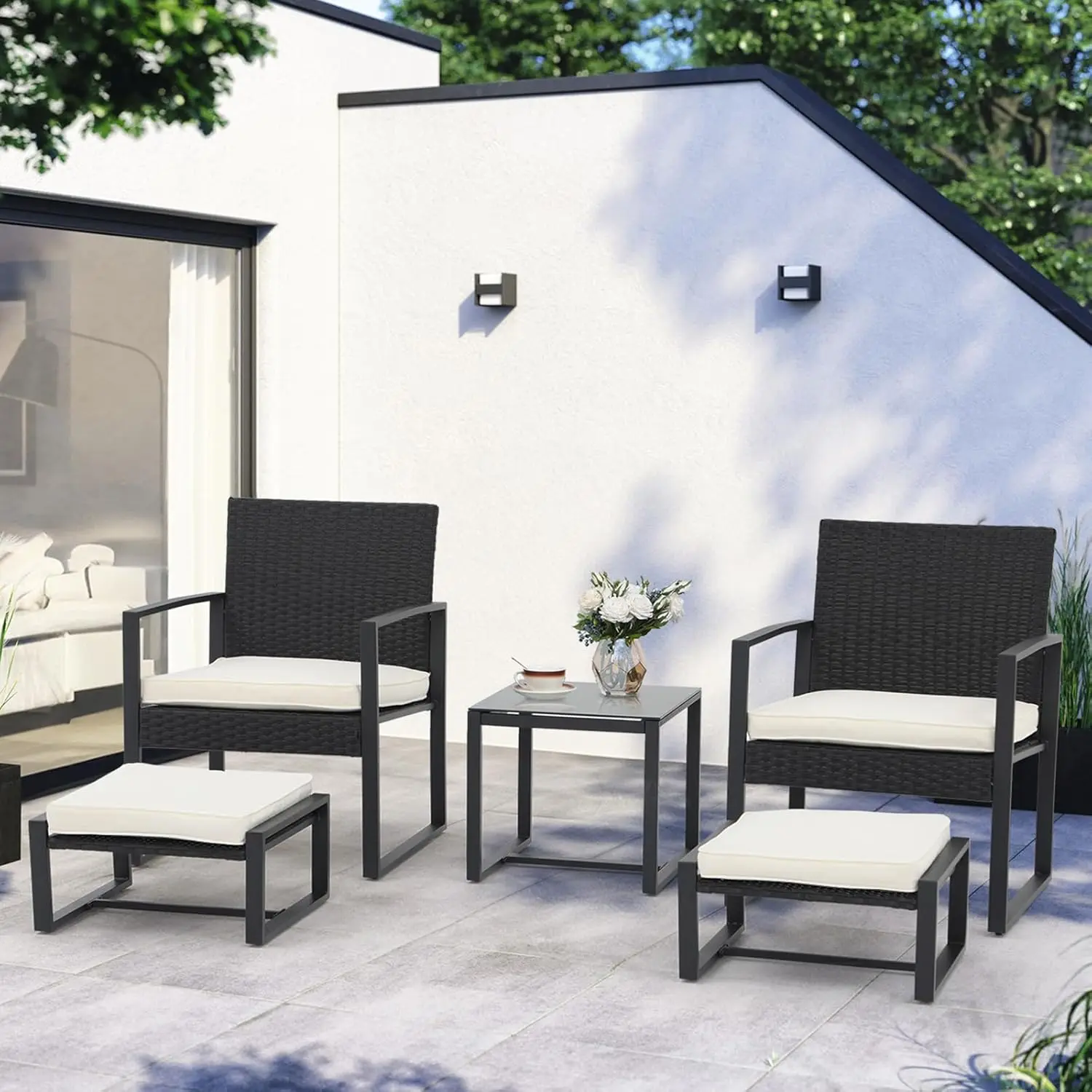 

PE Wicker Outdoor Patio Furniture Set, Modern Rattan Patio Chairs with Table & Ottomans, Patio Conversation Sets, Cushion