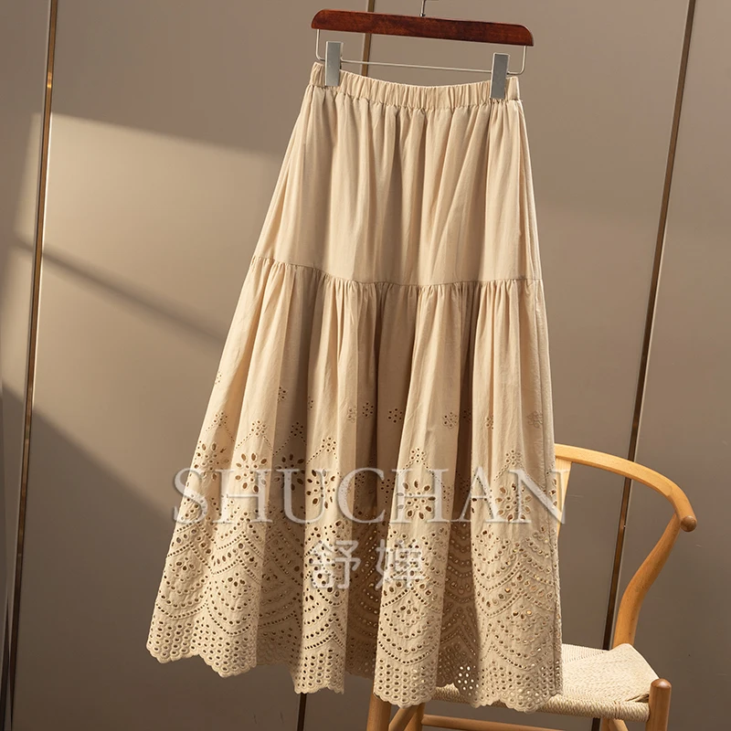 Hollow Out Embroidery Elastic High-waisted Pure Cotton A-shaped Skirt Women 31B8 Faldas Mujer Moda 2025