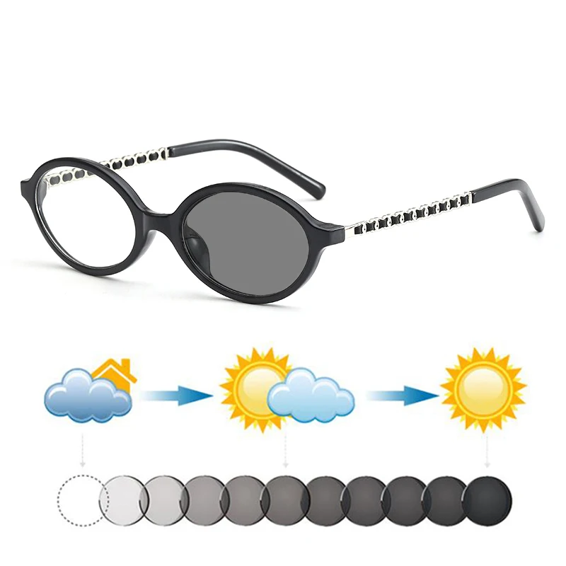 New Retro Fashion Women Oval Weave Chain Design Photochromic Myopia Sunglasses Ladies Sun Automatic Discoloration Sunnies 0~-6.0