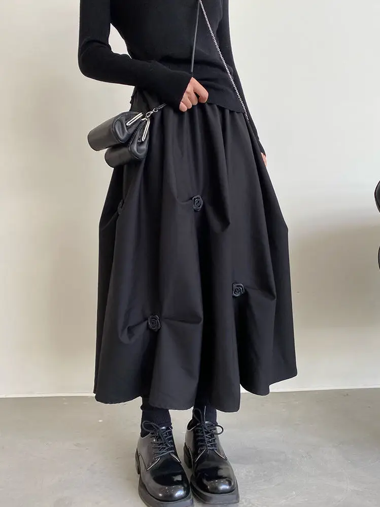 Damska spódnica midi w kwiaty 3D z wysokim stanem, w kształcie litery A, asymetryczna, plisowana, rozkloszowana, w stylu koreańskim, na wiosnę i jesień.