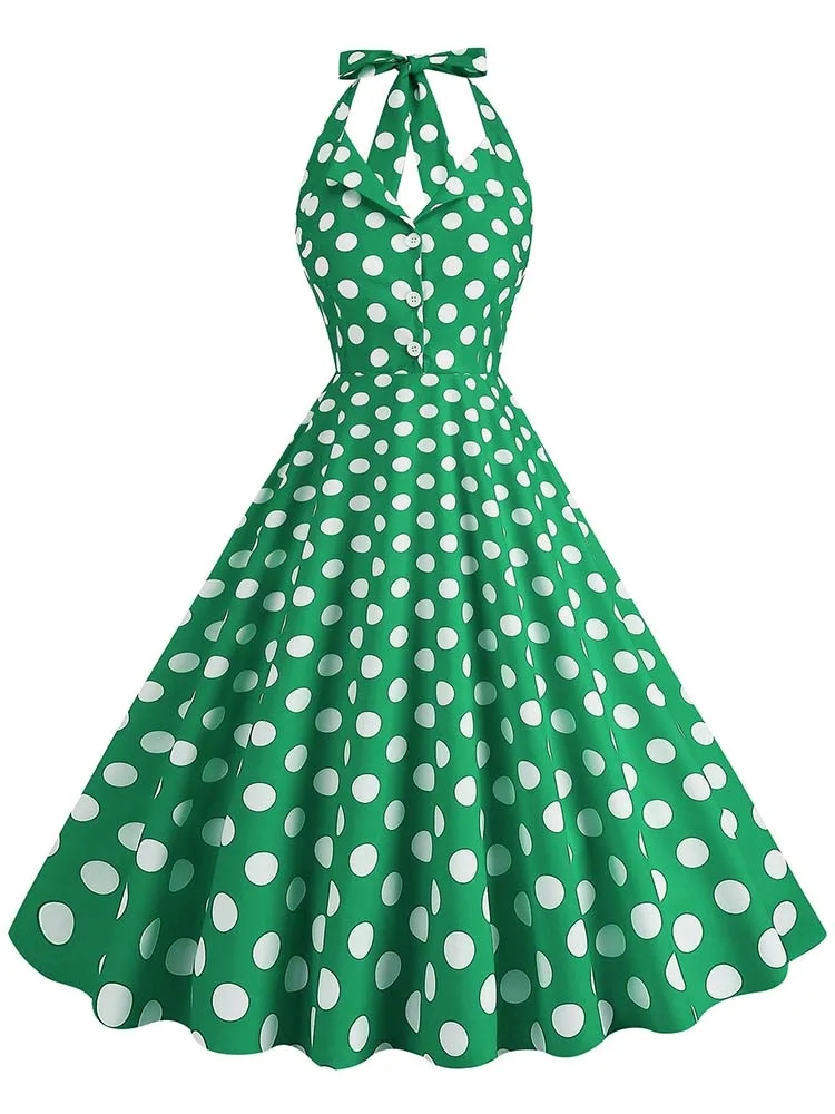 audrey hepburn halter dress Polka Dots Halter Audrey Hepburn Style 1950S Vintage Dress With Bow Backless Red / M