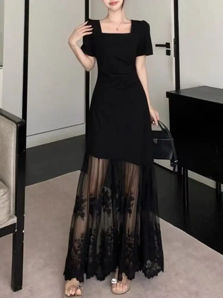 Sommer frauen Spitze Splice ort Sve Dr Quadratischen Kragen plus Größe Abnehmen Bla Lange Dr Hohe Taille A-Line Koreanische Sle