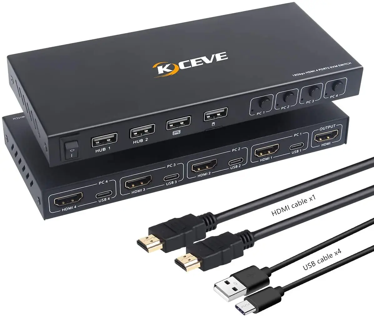 KCEVE HDMI KVM Switch Box, 4 in 1 Out UHD 4K@60Hz, USB Switch Selector with 4 USB2.0 Hub,