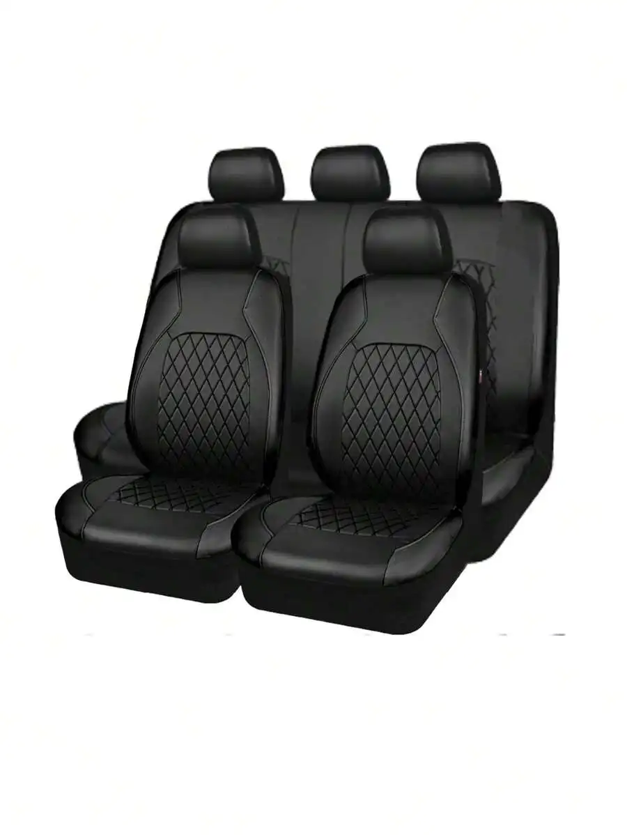 

9-Piece Black PU Leather Car Seat Cover Set with Quilted Design for 5-Seat Vehicles