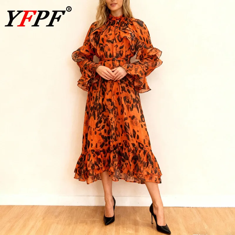 

YFPF Leopard Printing Long Dress Women Fashion Ruffles Patchwork Design Stand Collar Belt A Line Dresses 2026 New Clothing