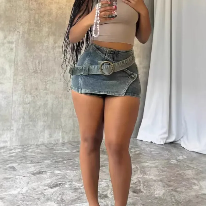 

2025 Fashion Irregular Blue Denim Shorts Skirts with Belt Women Summer Mid Waist Slim Wrap Hip Mini Jeans Streetwear Y2k Bottoms