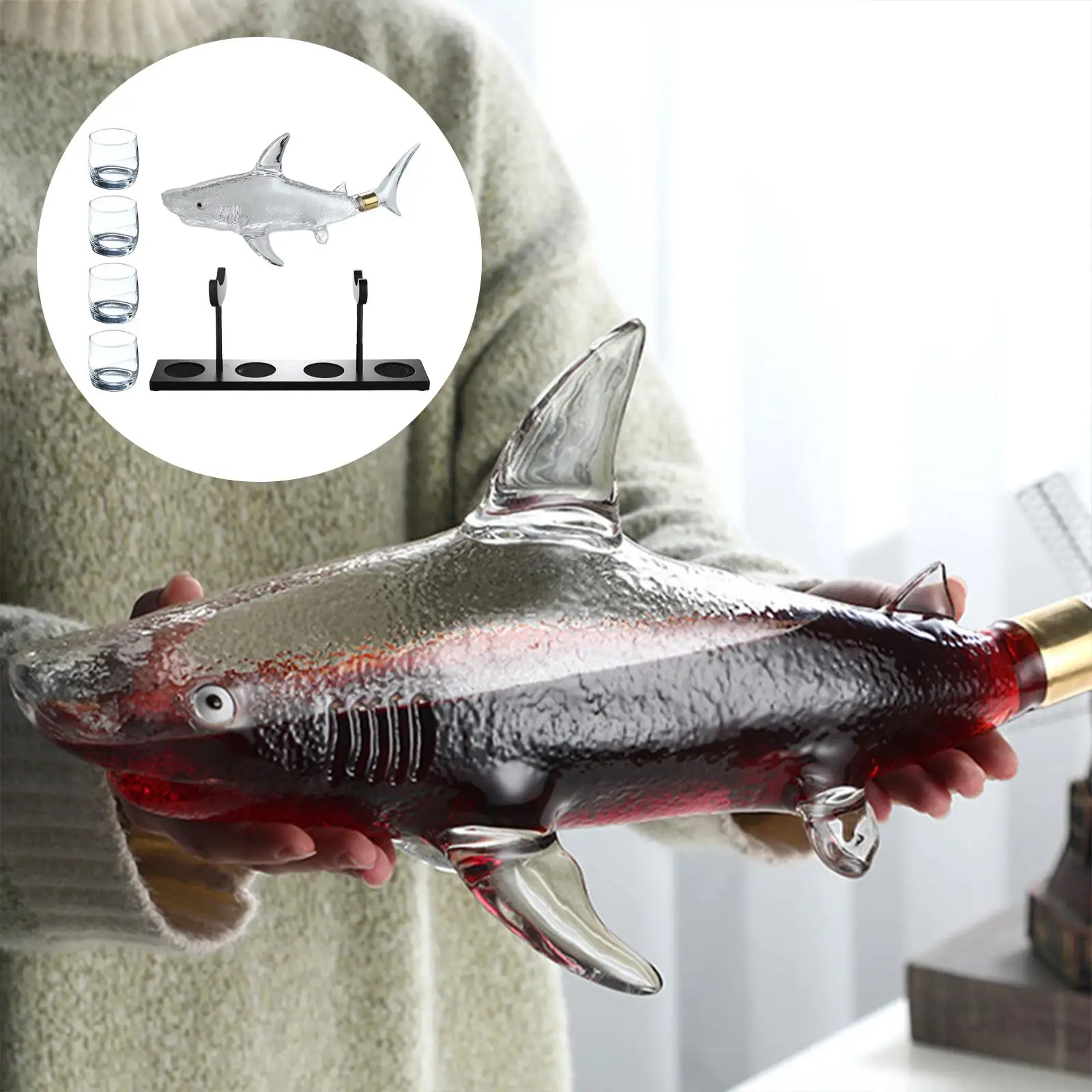 Wine Decanter Red Wine Aerator Shark Shaped with Rack Clear for Restaurant Gifts Creative for Dining Room Wine Separator