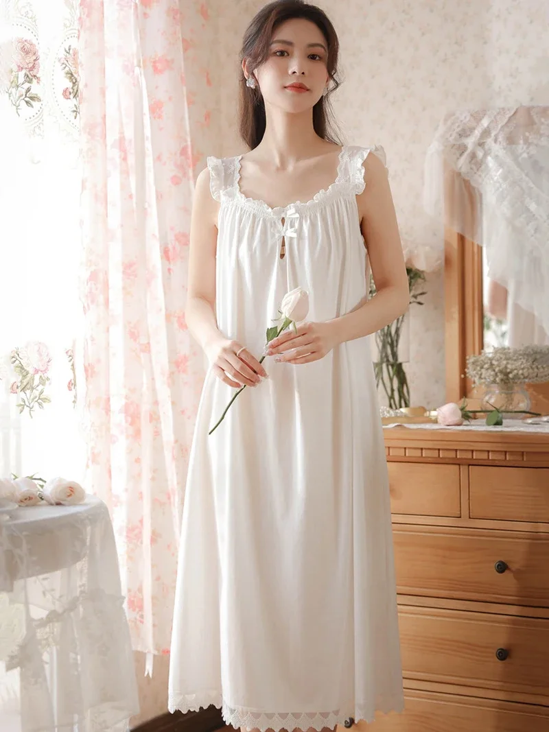 Women White Summer Cotton Sleeveless Night Dress Long Nightdress Sweet Lace Peignoir Victorian Nightgowns Princess Sleepwear