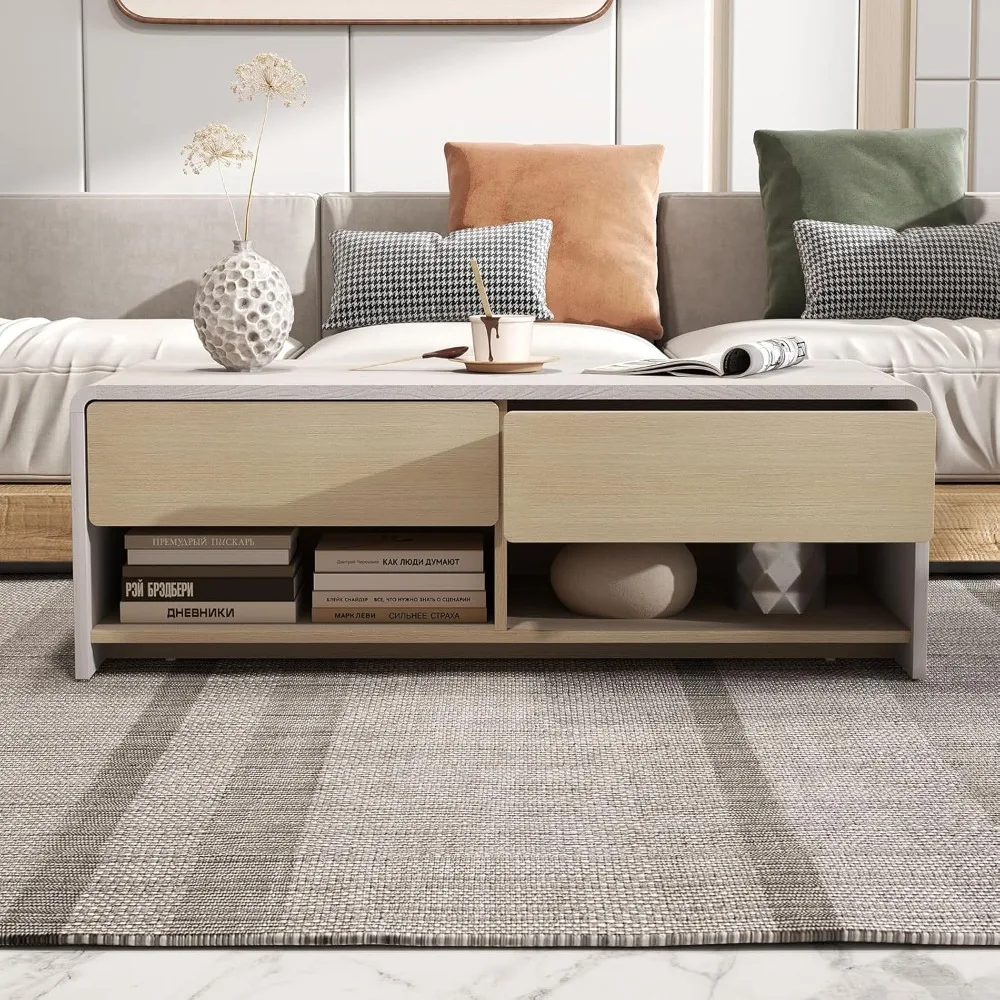 Mesa de centro com gavetas de armazenamento, mesa de chá coquetel moderna de 43 polegadas com 2 compartimentos, mesa central retangular de madeira