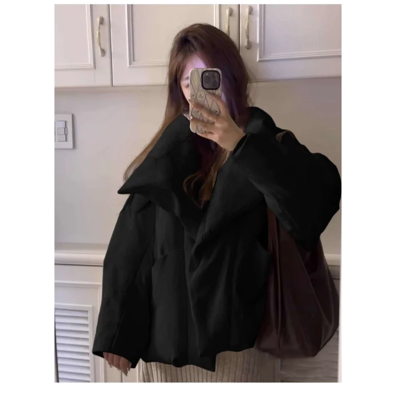 Women Big Scarf Collar Puffer Jacket Wrap Front Loose Oversized Solid Warm Casual Winter Padded Coat Outerwear