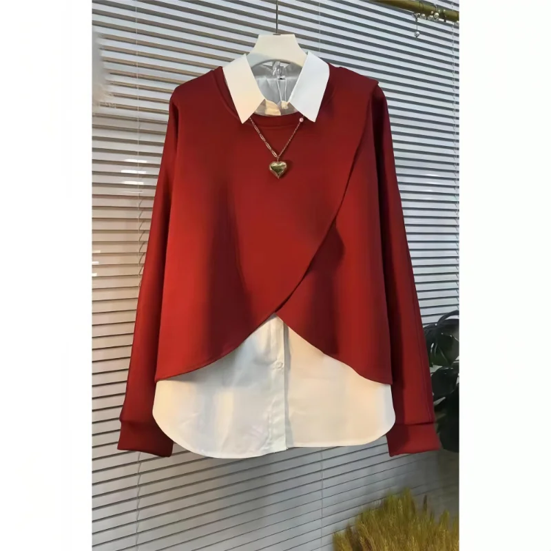 

Autumn and Winter New Fashionable Unique Fake Two Piece Shirt All Match Elegant Look Thin Casual Turn-down Collar Top