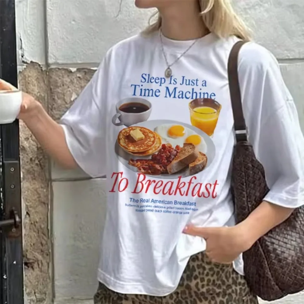 

Women Breakfast Graphic Tees Shirt Street-wear Over-sized Funny Meme Short Sleeve T Shirt Cute Food Lover Shirt Unisex Clothes