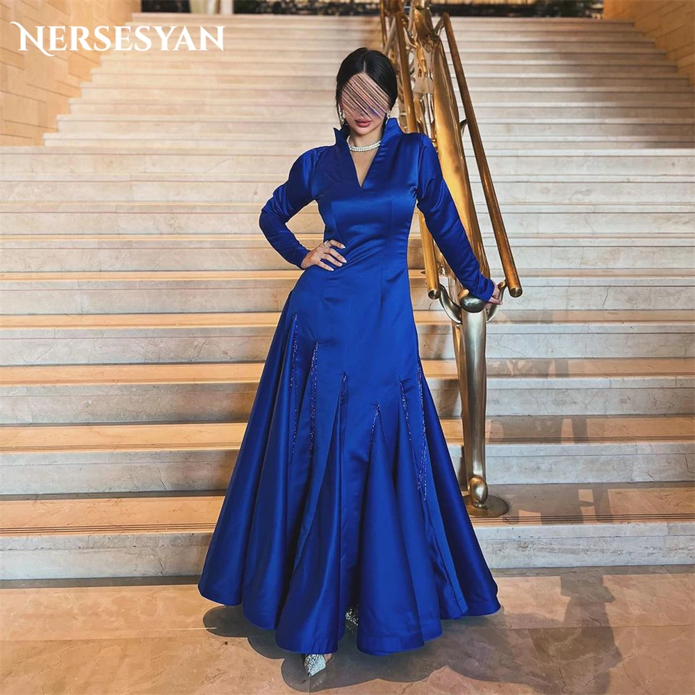 

Nersesyan Royal Blue Glitter Formal Evening Dresses V-Neck A-Line Pleats Prom Dress Irregular Beads Long Sleeves Party Gowns