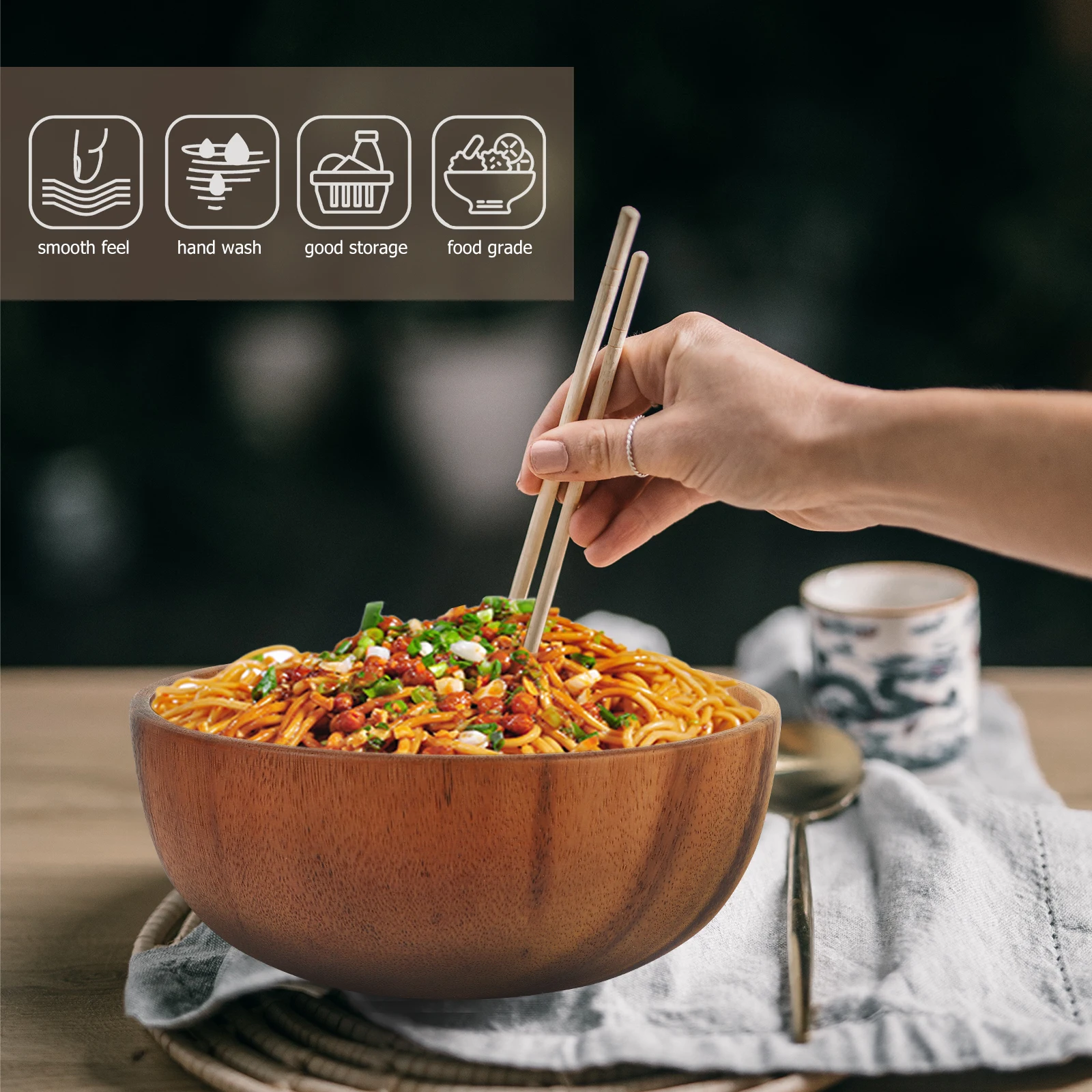 

Natural Wood Wooden Serving Bowl For Salad Fruit Dessert Breakfast Smooth Surface Vintage Dinner Bowl Soup Cereal Rice