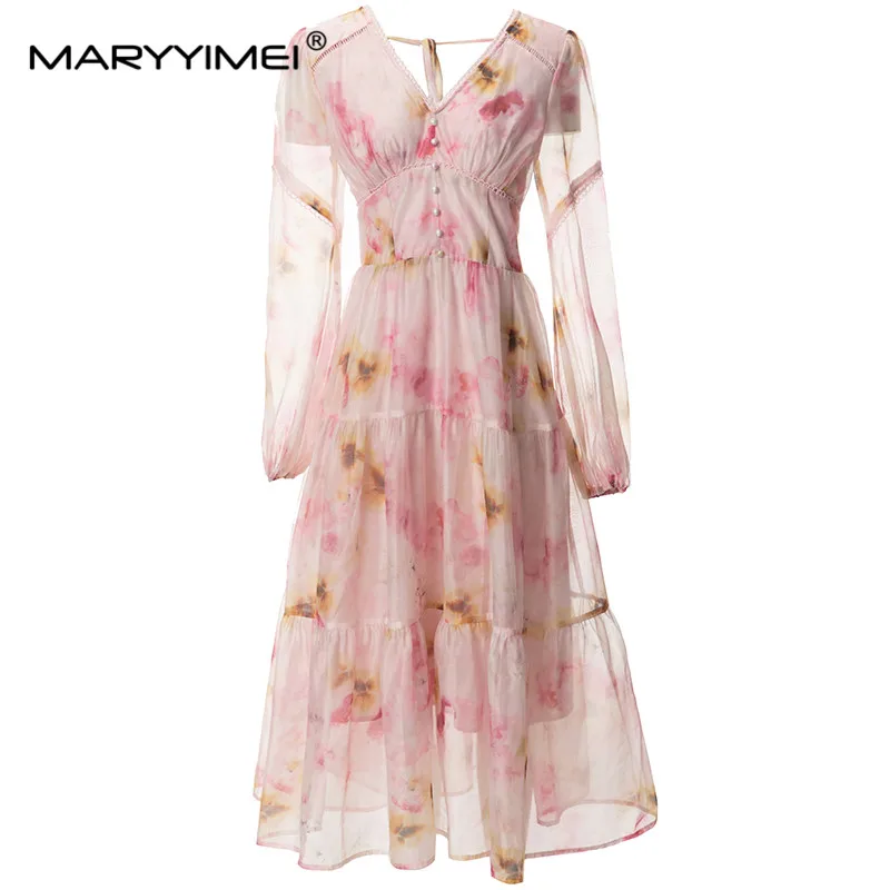 

MARYYIMEI Fashion Designer spring Summer Women's V-Neck Lantern Sleeved Button Lace-UP Printed Elegant Beach Dresses