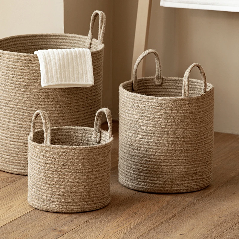 Handmade Woven Dirty Laundry Basket Foldable Cosmetic Storage Bucket Handle Cotton Linen Storage Baskets Clothes Toys Organizer