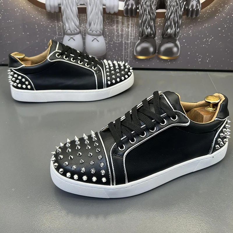 men luxury fashion rivets shoes original leather flats shoe black white sneakers stage nightclub dress brand designer footwear
