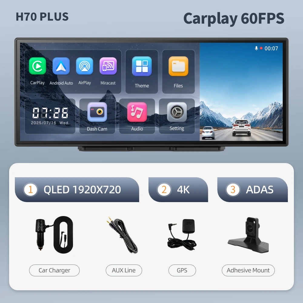 Imagebon H70 Plus 11.4" 4K QLED Auto DVR Draadloze CarPlay & Android Auto ADAS Dashcam WiFi AUX GPS Navigatie Loop Recording