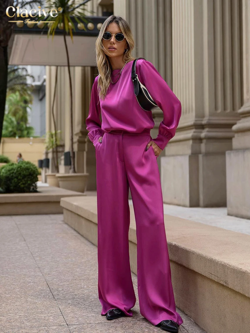 

Clacive Fashion Long Sleeve Shirts Two Piece Set For Women Elegant Loose Pink Satin Pants Set Casual Office Lady Trousers Suits