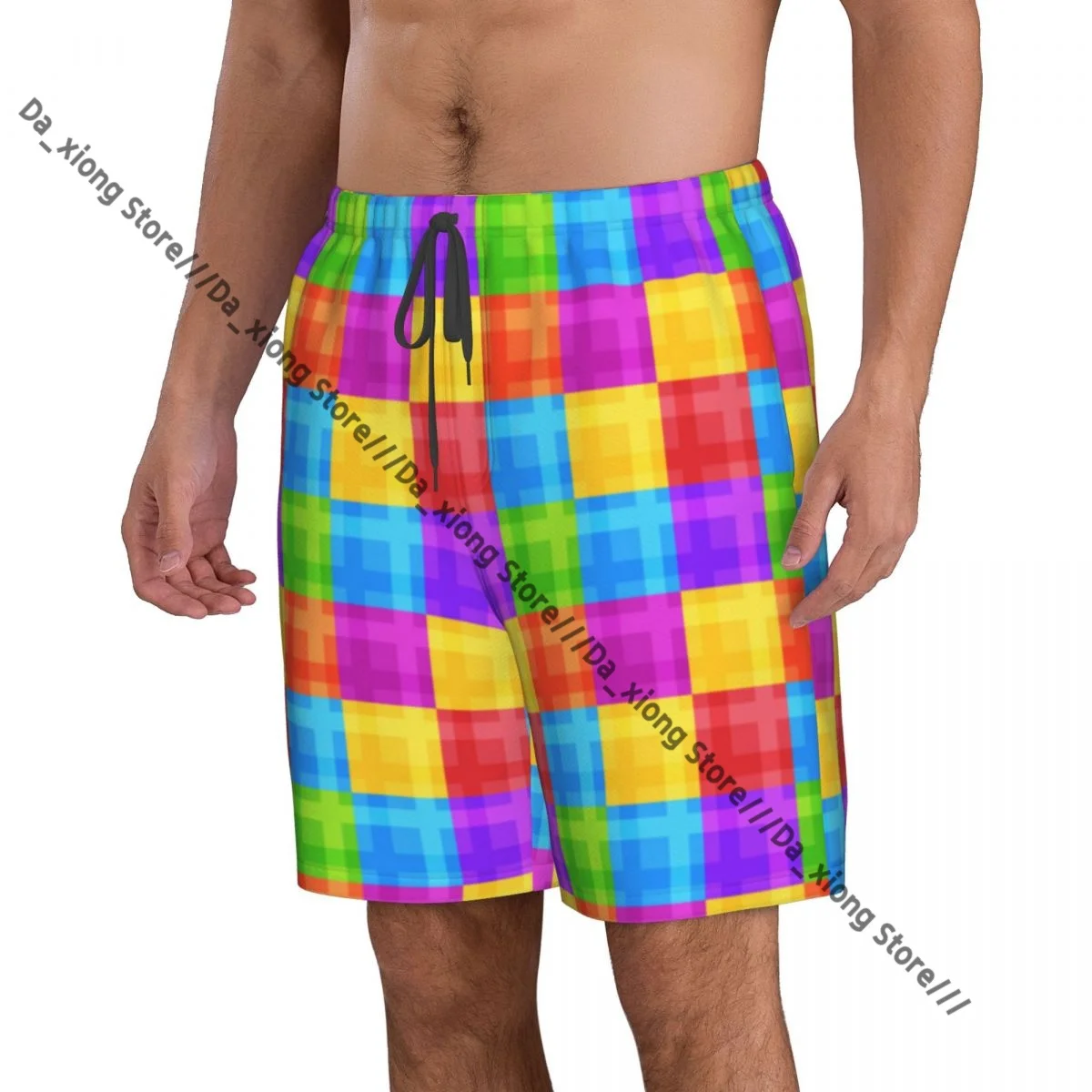 Men Beach Short Quick-drying Swimming Trunk Colorful Square Pattern Swimwear Swimsuit Bathing Shorts