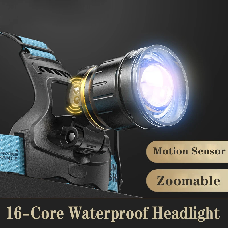 16 núcleos de alta potência sensor zoom farol super brilhante ao ar livre cabeça tocha lanterna à prova dwaterproof água para acampamento