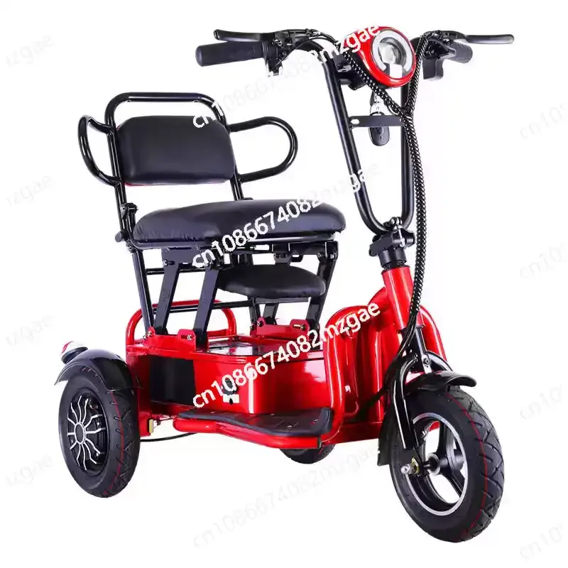 

Three wheeled elderly folding electric vehicle with limited mobility, equipped with a detachable battery