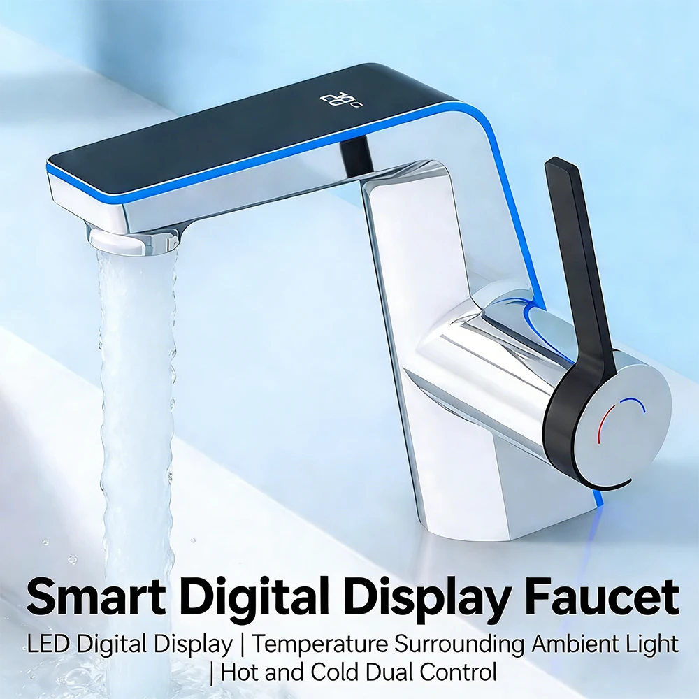 LED Digital Display Faucet, Household Cold and Hot Water Outlet Basin Faucet, Suitable for Kitchen and Bathroom Drainage