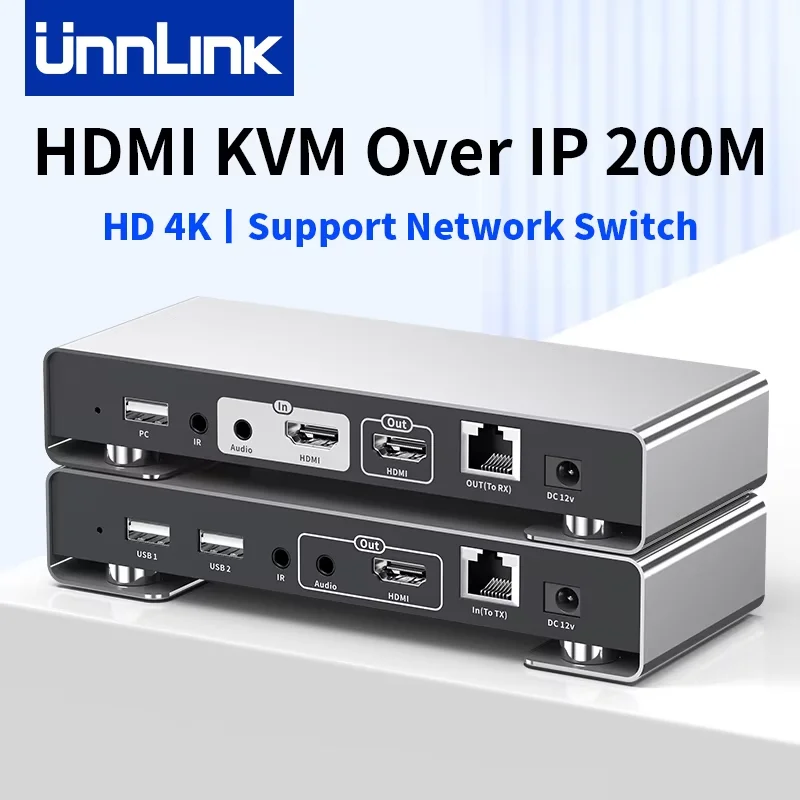 Unnlink 4K HDMI USB KVM Extender Over IP Ehternet Rj45 200M Splitter Support Network Switch for Camera NVR to Monitor