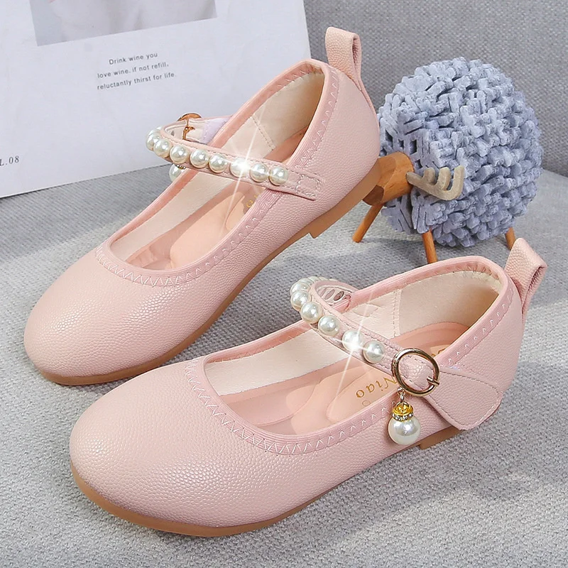 Chaussures en cuir à talons bas pour enfants, perle blanche, mode de passerelle simple, chaussures de princesse pour filles