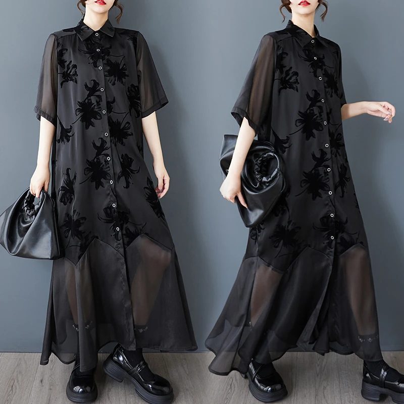 

Retro Artistic Loose Fit Velvet Crt Patchwork Midi Dr Summer New Arrival Versatile Comfortable Polyester Fiber ort Sve