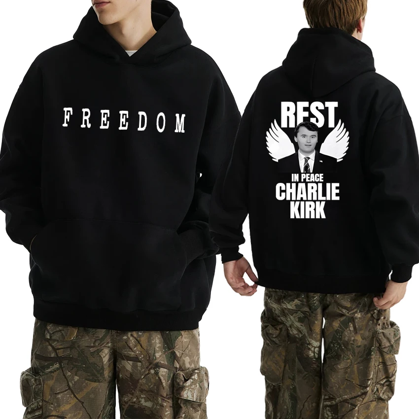 New in Charlie Kirk FREEDOM Double Sided printed Hoodie 2025 Unisex vintage hip hop pullovers Men women Fleece Casual Sweatshirt