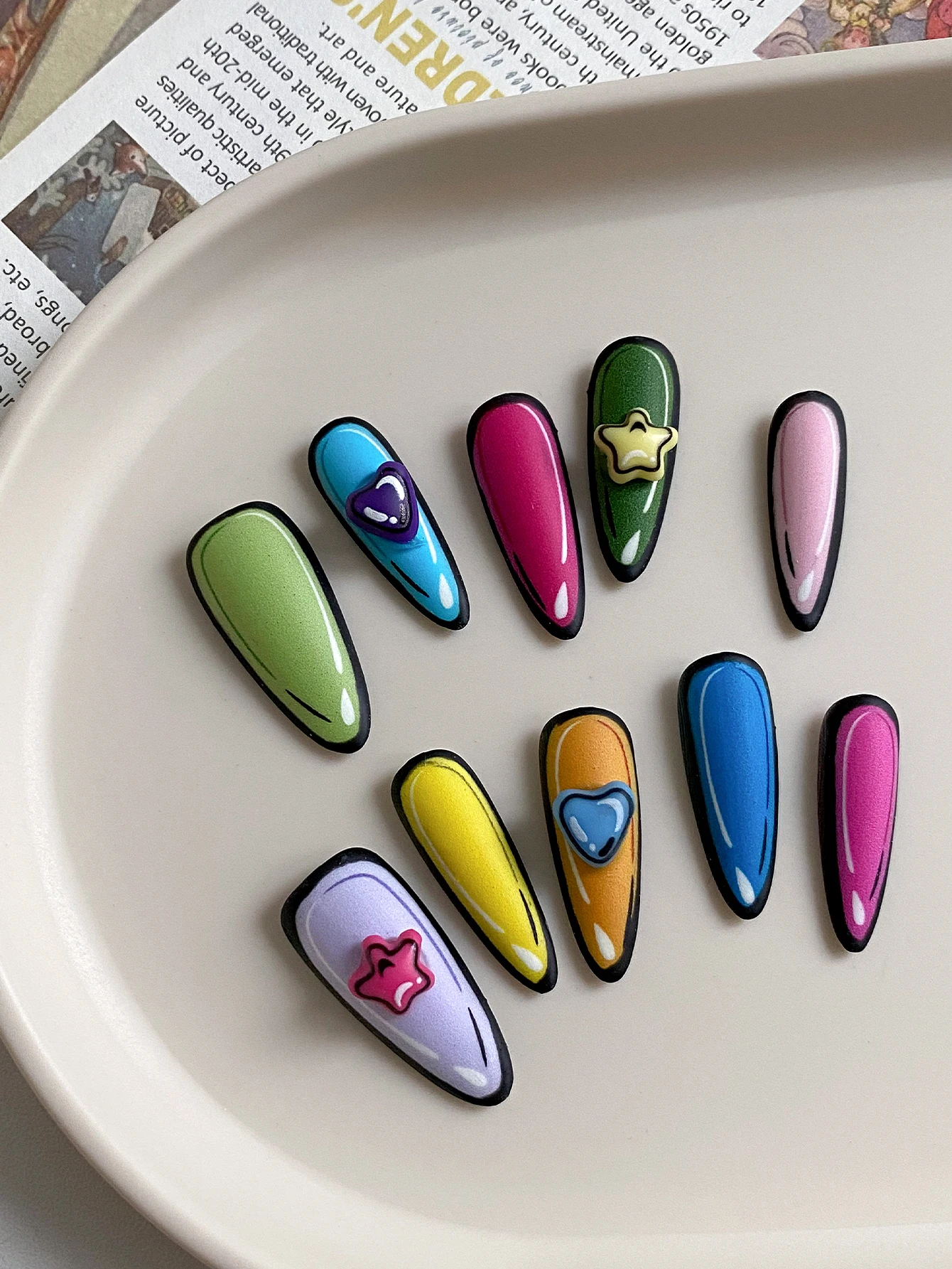 10-Piece Dopamine Hot Girl Style Nails! Macaron Cartoon Star Almond Press-On Nails, Music Festival, Comic Convention, Y2K Millennium Hot Girl Outfits, Street Shopping, Dopamine Girl Photoshoot, Colorful Casual Wear.