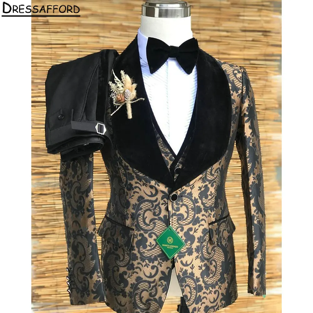 Black Formal Wedding Suits Gold Printing Men's Business Suit 3 Pieces (Jacket+Vest+Pants) Man Tuxedo Groom Wear