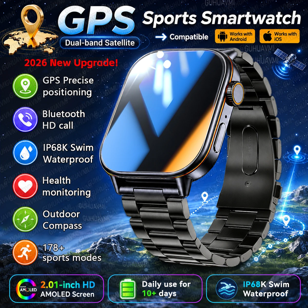 2026New Military Dual-band GPS Smart Watch Compass IP68K Waterproof Bluetooth Call Heart rate Sports Smart Watch For IOS Andriod