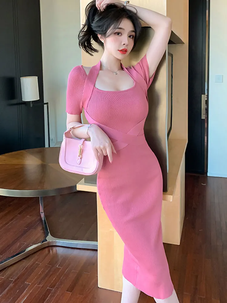 Sexy Knitted Slim Women Dress 2022 Summer Midi Bodycon Halter Pencil Dress Short Sleeve Knitt Design Ladies A Line Split Dresses