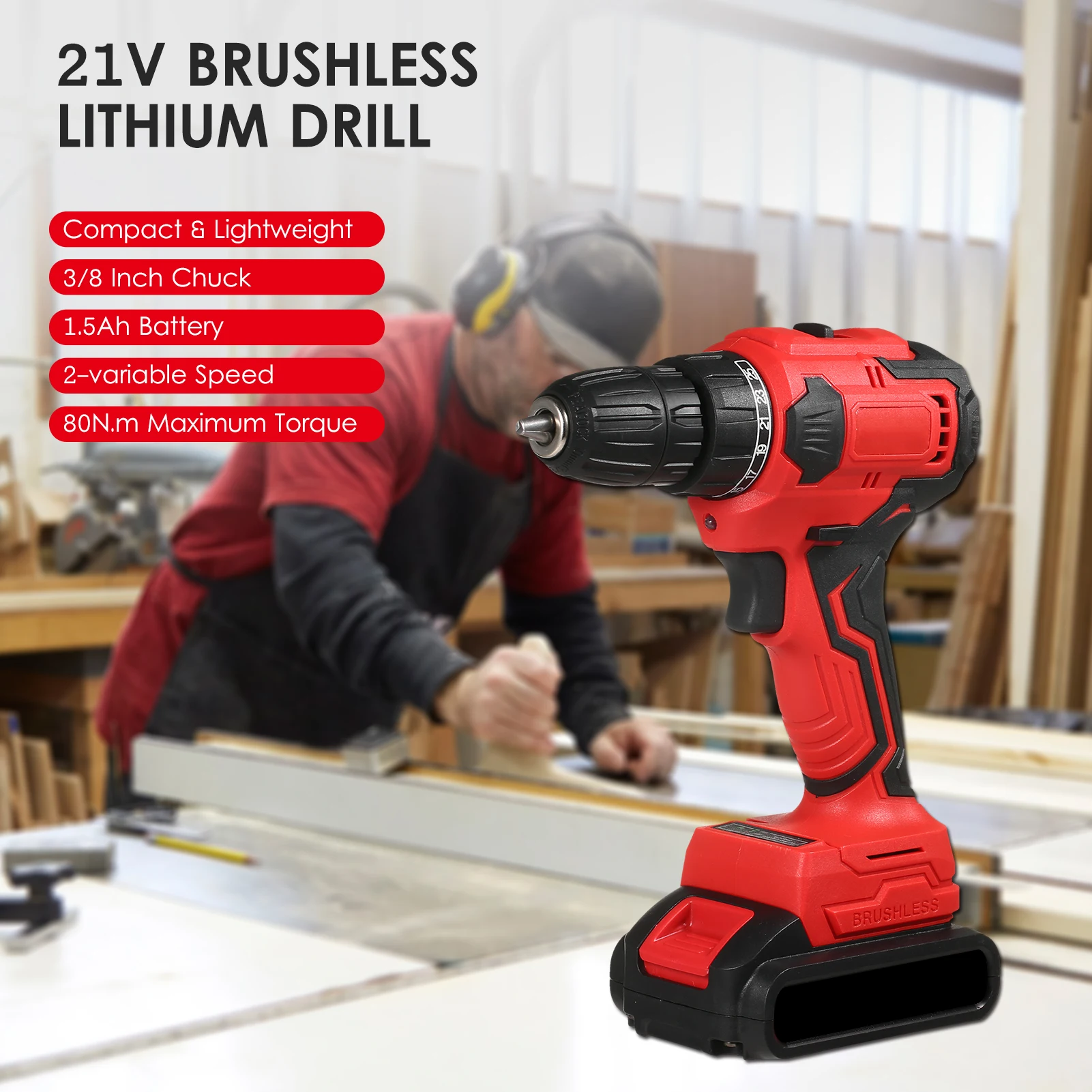 21V Brushless Lithium Drill Set 3/8in Chuck Heavy Duty Electric Drill Power Screwdriver with Bits Sleeves Extension Shaft, LED W