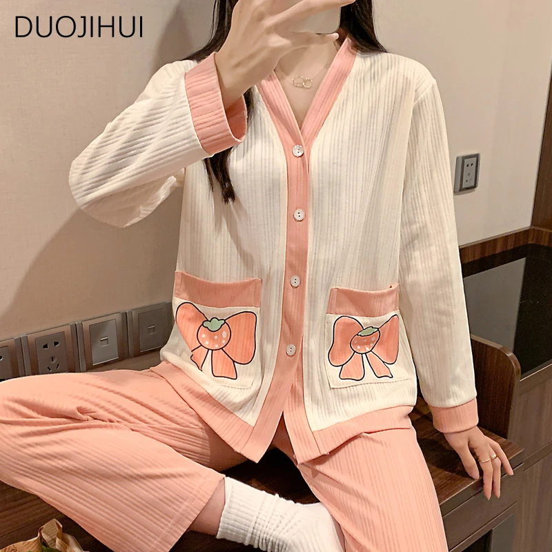 DUOJIHUI Autumn Two Piece Loose Casual Home Pajamas for Women V-neck Sweet Cardigan Basic Simple Pant Fashion Female Sleepwear