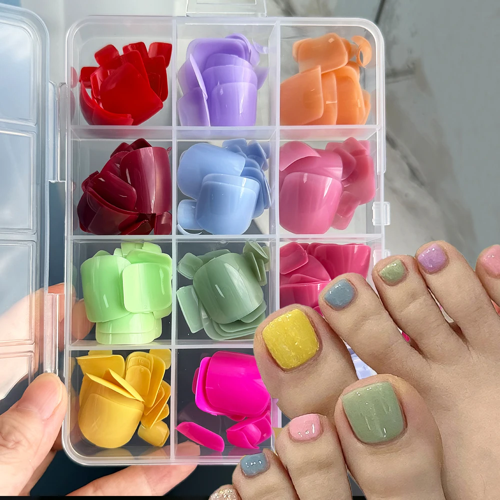 288 Stück Einfarbige Glänzende Künstliche Zehennägel Kurze Quadratische Vollabdeckung Aufklebbare Zehennägel Gemischte Macaron-Farben Acryl Zehennagel-Tips # TD