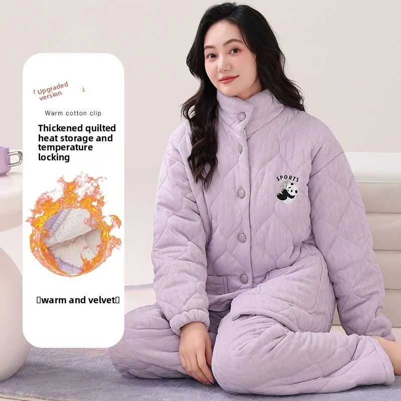 

Three-layer Padded Pajamas Women's Winter Velvet Thickened Middle-aged Women's Large-size Thermal Suit Loungewear Worn Outside