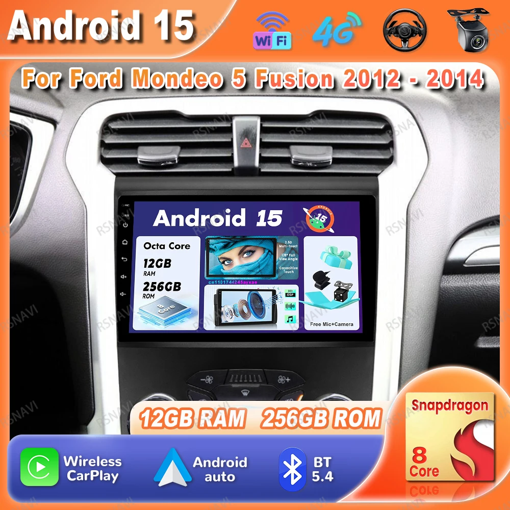 

Автомобильный радиоприемник Android 15 для Ford Mondeo 5 Fusion 2012-2014 Qualcomm BT DVD Авторадио Беспроводной Carplay Авто Стерео 5G WIFI QLED