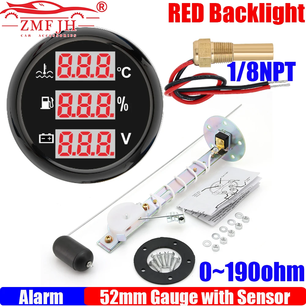 ZMFJH Red Backlight Digital 52MM Gauge 0-120℃ Water Temperature+Fuel Level Gauge+Voltage with Alarm Oil Float Sensor 0-190ohm